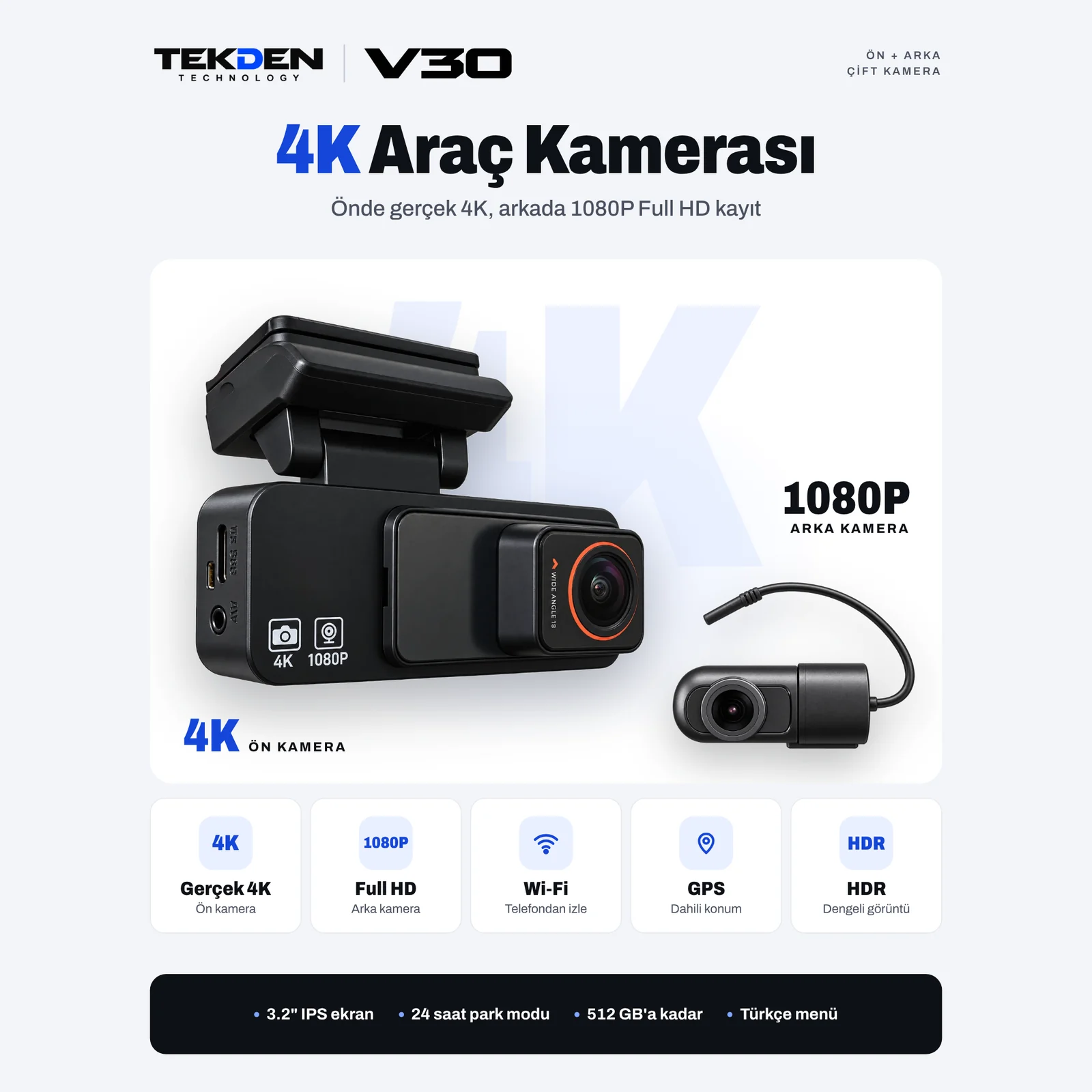TEKDEN V30 4K araç kamerası, önde 4K arkada 1080P Full HD çift kamera