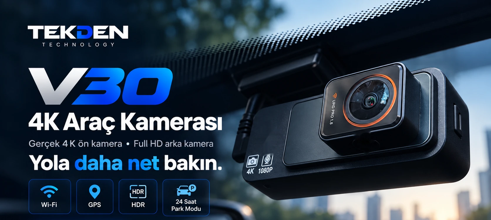 TEKDEN V30 4K araç kamerası ön cama monteli. Gerçek 4K ön kamera, Full HD arka kamera. Yola daha net bakın.